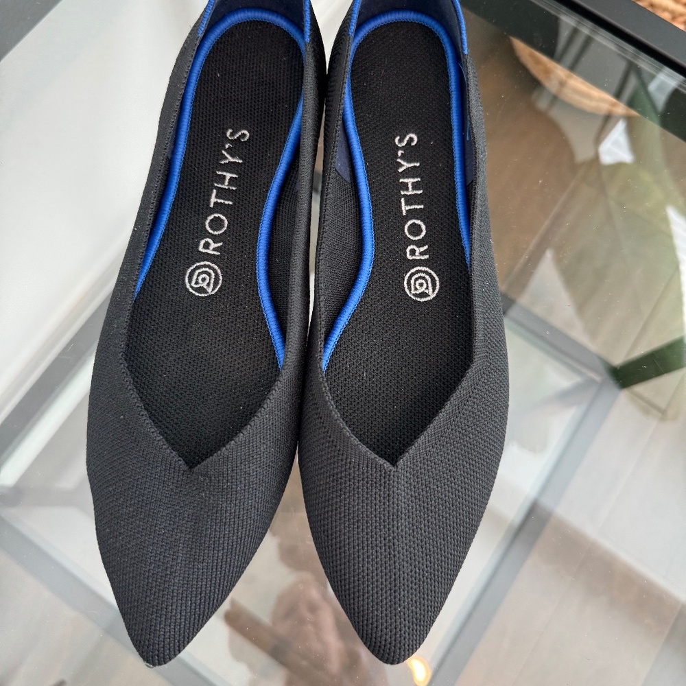 Rothy's Black Pointed Flats with Blue Trim